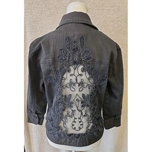 Multiples Blue/gray‎ Denim Jacket W/beaded Floral Back & Gem Embellishments...